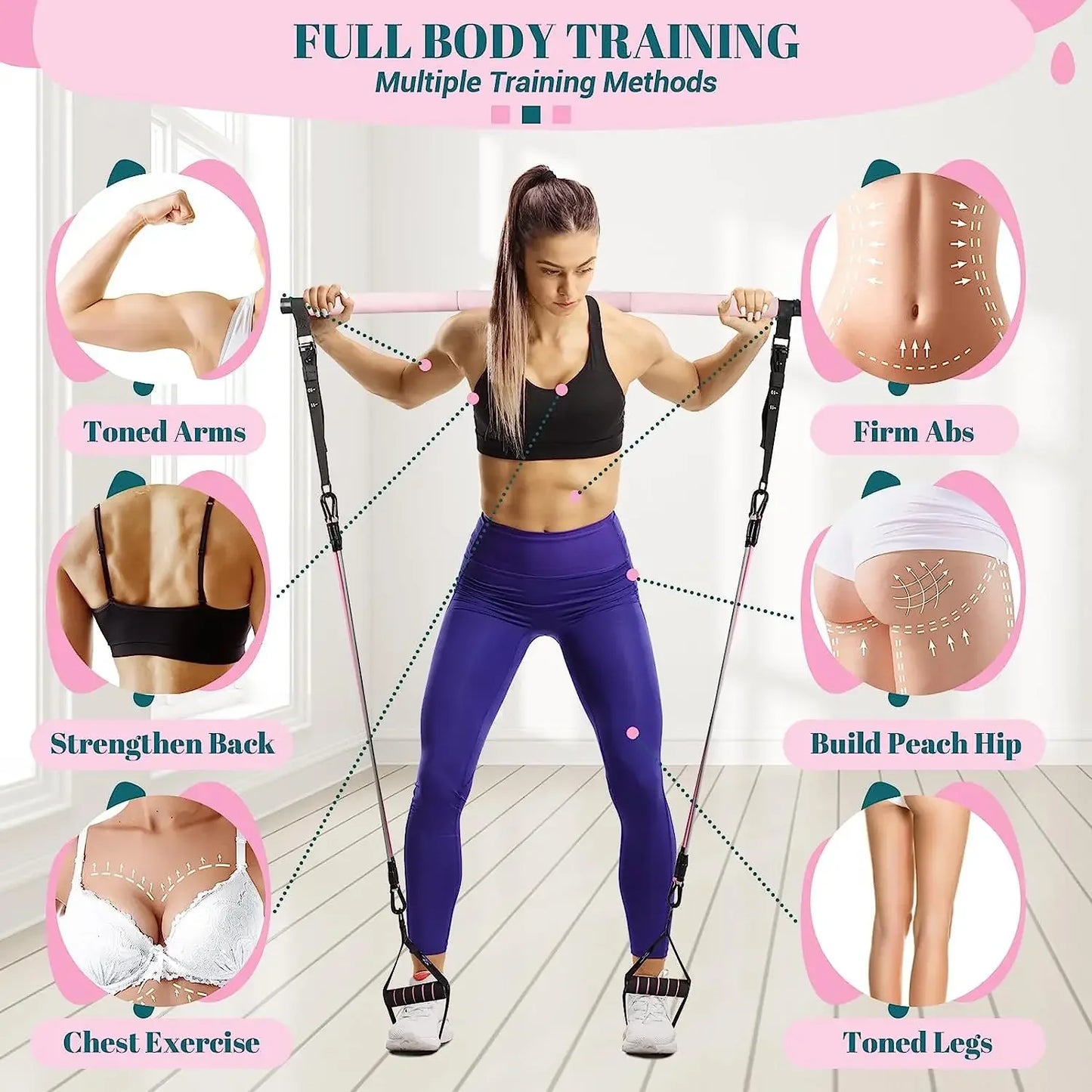 Portable Yoga Pilates Bar Kit – Adjustable Steel Bar with Resistance Bands, Full‑Body Home Gym for Women (20–180 lbs)
