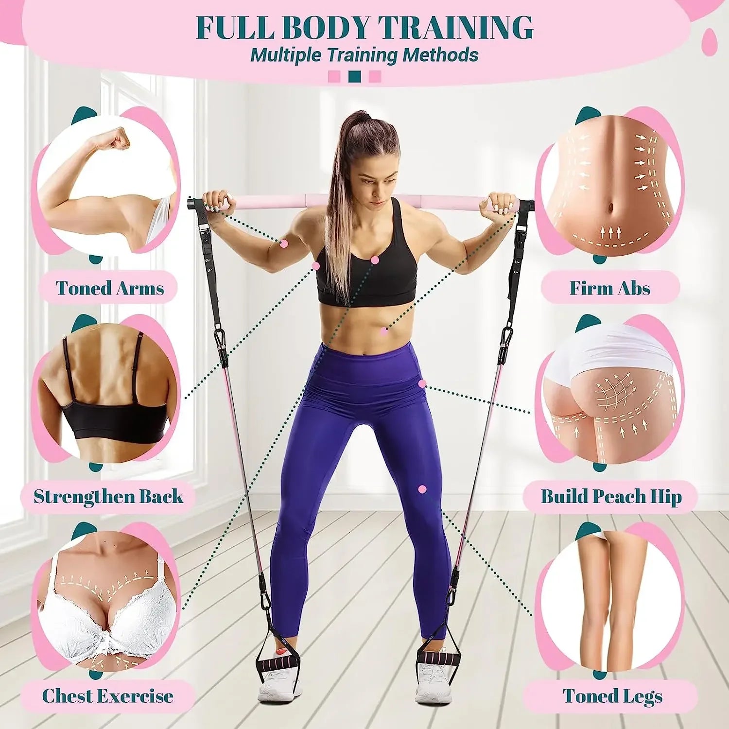 Portable Yoga Pilates Bar Kit – Adjustable Steel Bar with Resistance Bands, Full‑Body Home Gym for Women (20–180 lbs)
