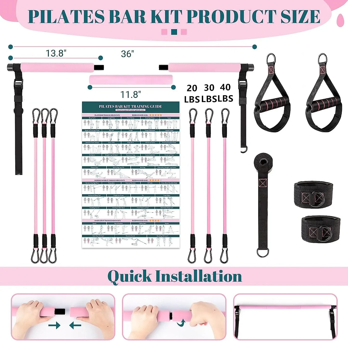 Portable Yoga Pilates Bar Kit – Adjustable Steel Bar with Resistance Bands, Full‑Body Home Gym for Women (20–180 lbs)